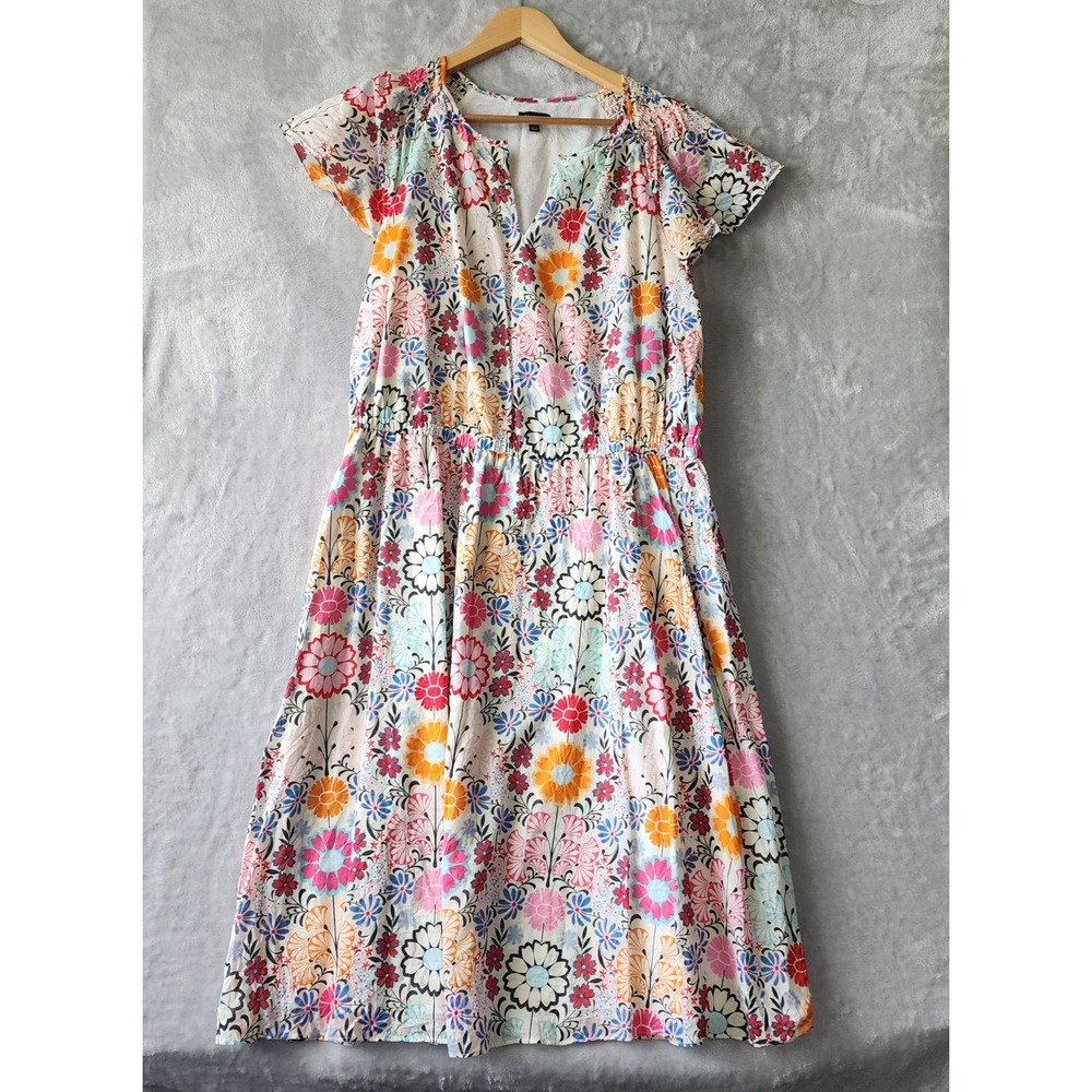 Talbots Dress Womens Size 16 Colorful Floral Cotton Elastic Waist Flutter Sleeve